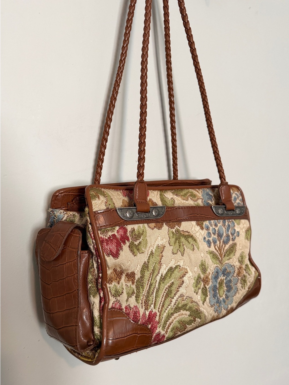 Tapestry Floral Brown Leather-Trim Shoulder Bag